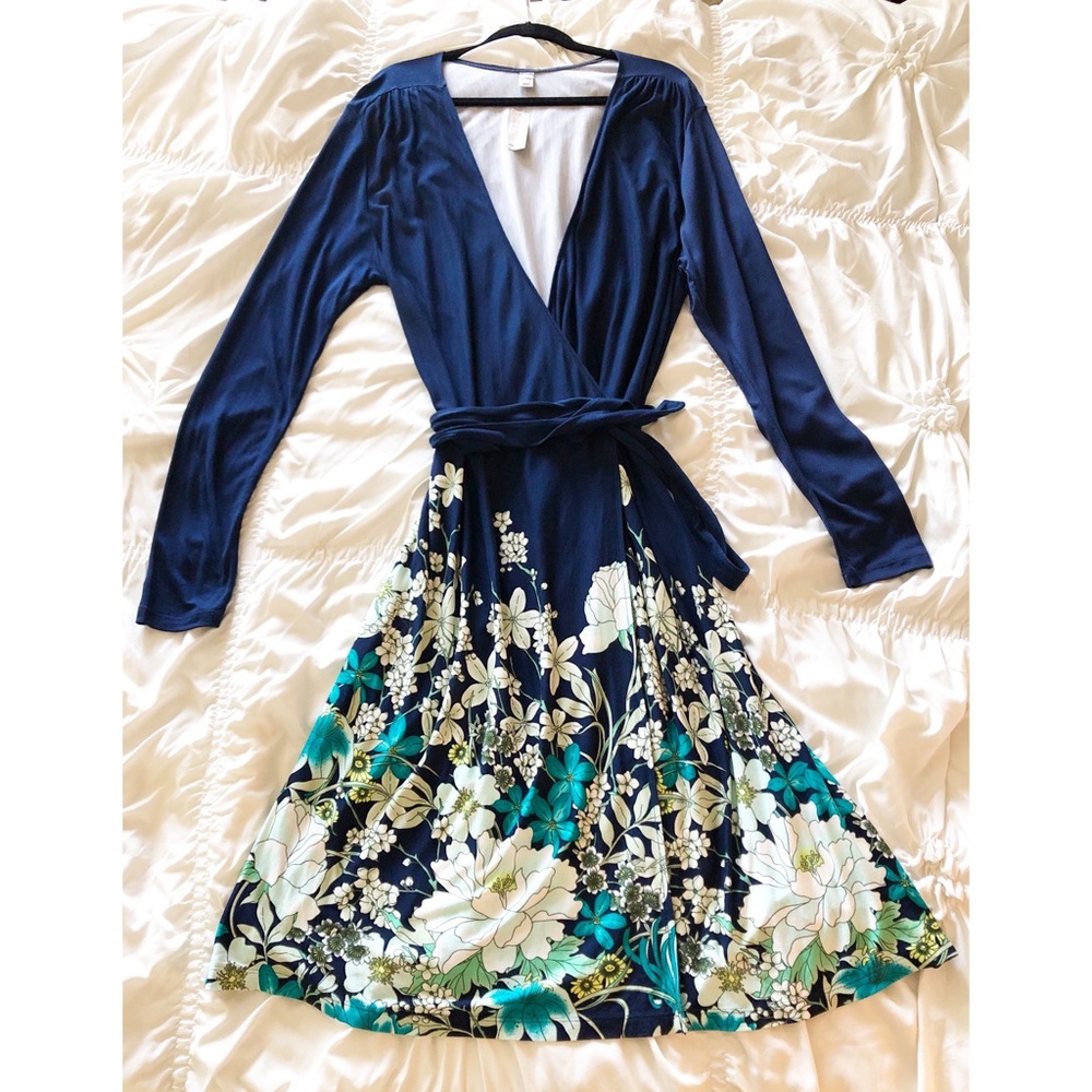 NWT Old Navy Belted Wrap Dress Long Sleeve Blue Floral Print Dress Size XL